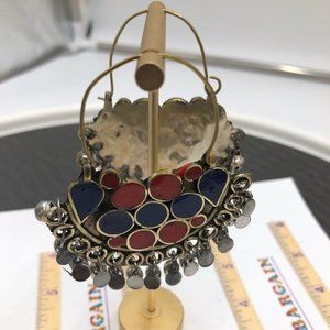 Red and Blue Kuchi Bali Earrings With Small Silver Bells, Ethnic Hoop